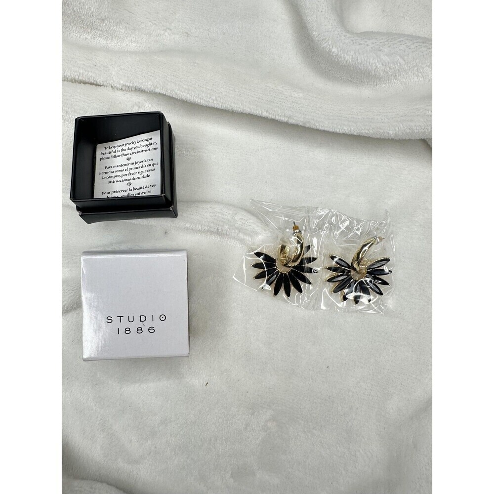 NEW Studio 1886 Earrings Sunburst Hoop Black Gold Tone Crystal Accents New Boxed